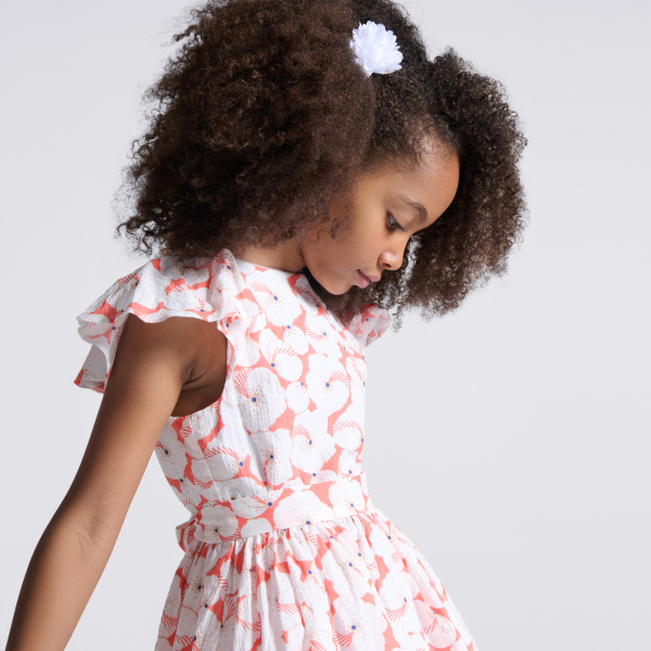 فستان واسع مزين بطبعة، باللون البرتقالي للفتيات